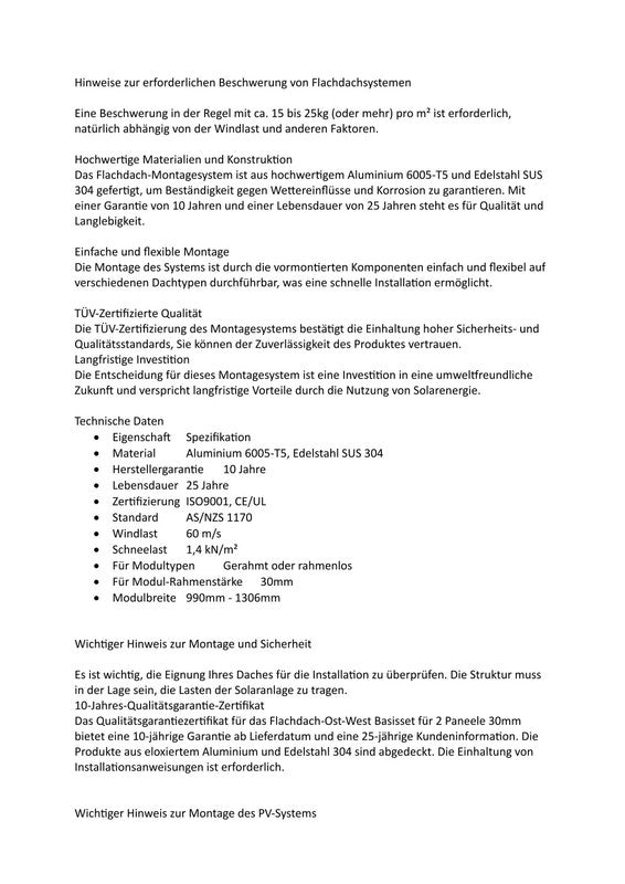 Solar Halterung Flachdach Komplettset für 4 Module – 10° Aufständerung, ballastiert, ohne Bohren