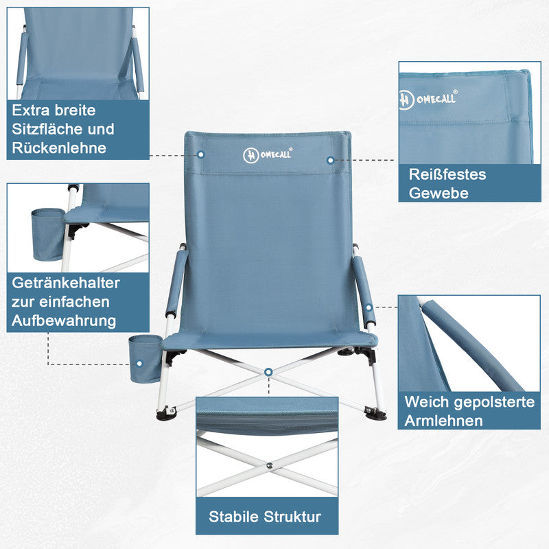 Klappstuhl Campingstuhl – Leichter Strandstuhl mit Getränkehalter und gepolsterten Armlehnen bis 120 kg belastbar - blau