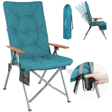 Campingstuhl klappbar mit Holzarmlehnen extra hoch – gepolsterter Outdoor-Klappstuhl, 4-fach verstellbar, bis 150 kg belastbar, Marineblau