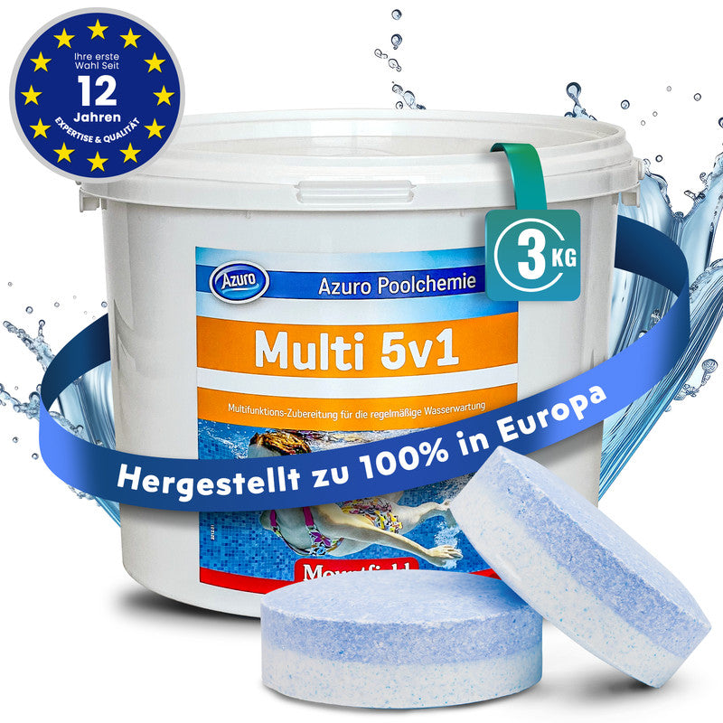 AZURO Chlortabletten 5-in-1 Multitabs – Langzeit Chlor Tabletten für Pool & Whirlpool, Desinfektion, Algenstopp & Klarwasser 3 kg - SONDERPOSTEN