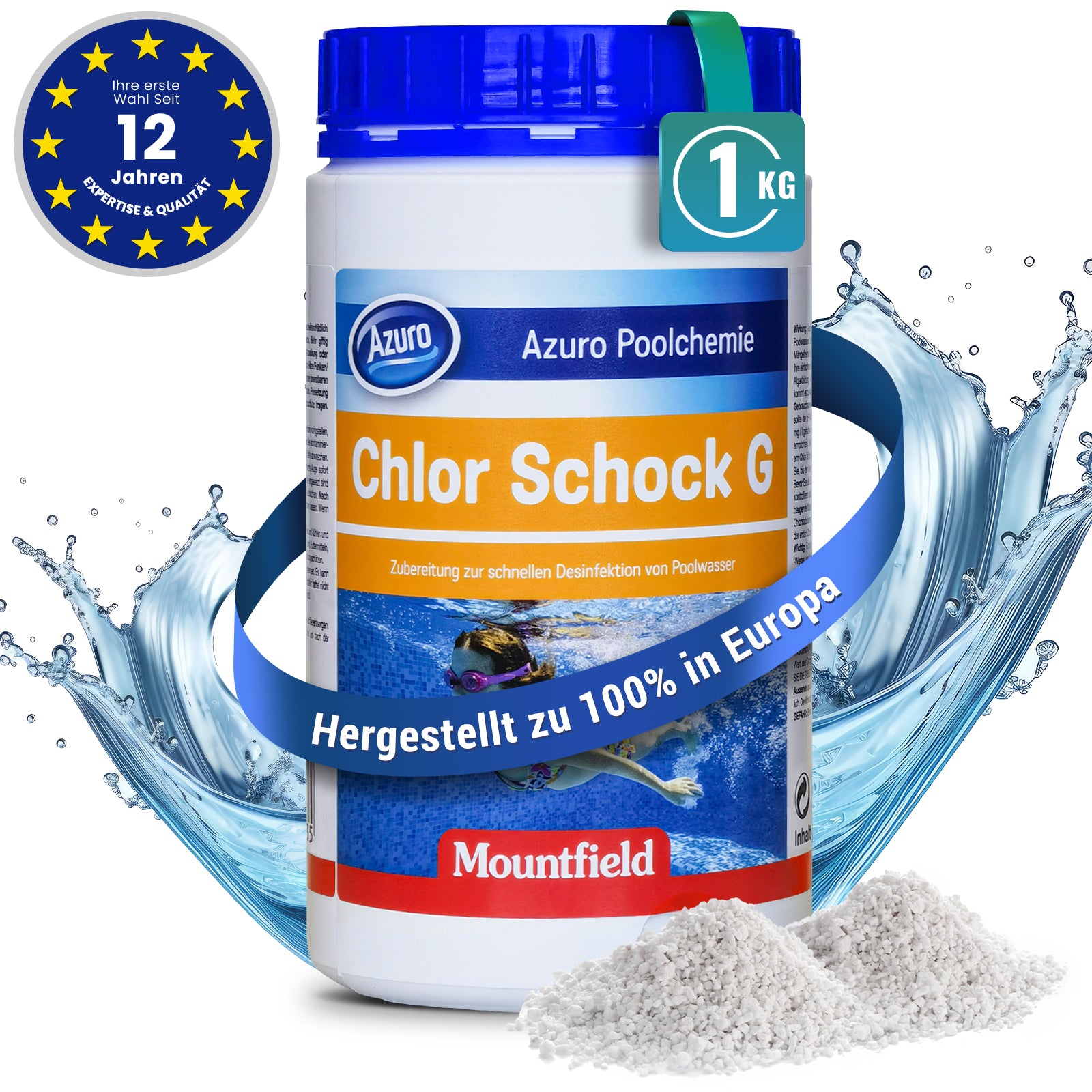 AZURO Chlor Schock Granulat 56 % – Schnelllösliches Pool Chlorgranulat zur Stoßchlorung 1 kg | Sonderposten