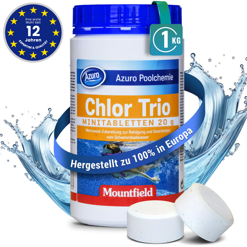 AZURO Chlor Trio Minitabletten 1 kg – Pool & Whirlpool Chlortabletten für kleine Pools, Desinfektion & Algenstopp | Sonderposten B-Ware