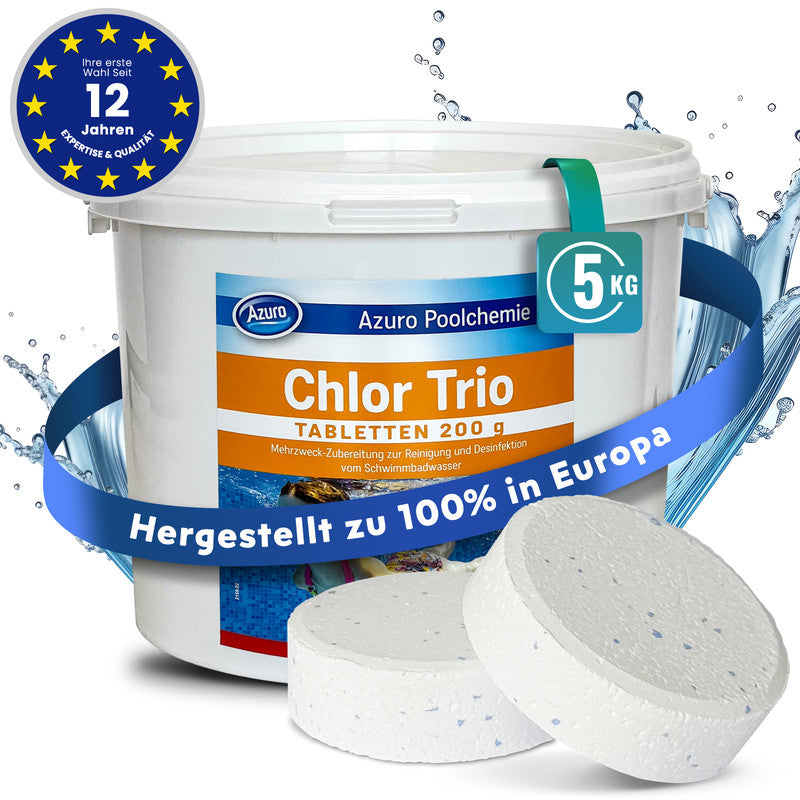 Azuro Chlor Trio Chlortabletten 5 kg – Pool Chlor Tabs 200 g zur Langzeitdesinfektion, Algenkontrolle & Wasserklärung