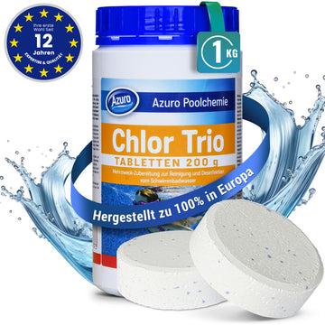 AZURO Chlor Trio 1 kg Chlortabletten – Pool & Whirlpool Langzeit Chlor Tabs, Desinfektion & Algenstopp | Sonderposten B-Ware