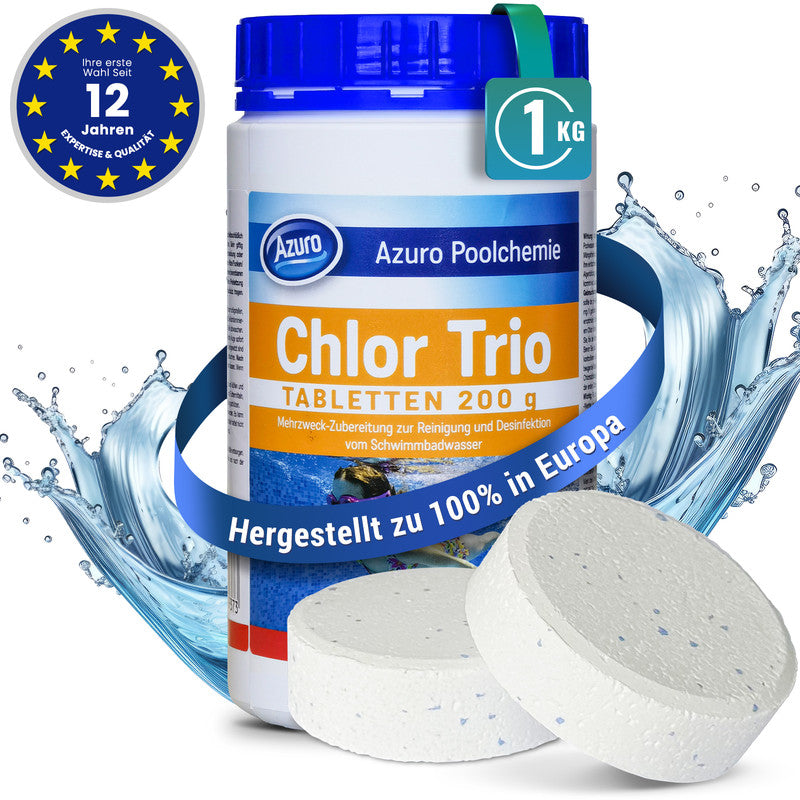 AZURO Chlor Trio 1 kg Chlortabletten – Pool & Whirlpool Langzeit Chlor Tabs, Desinfektion & Algenstopp | Sonderposten B-Ware