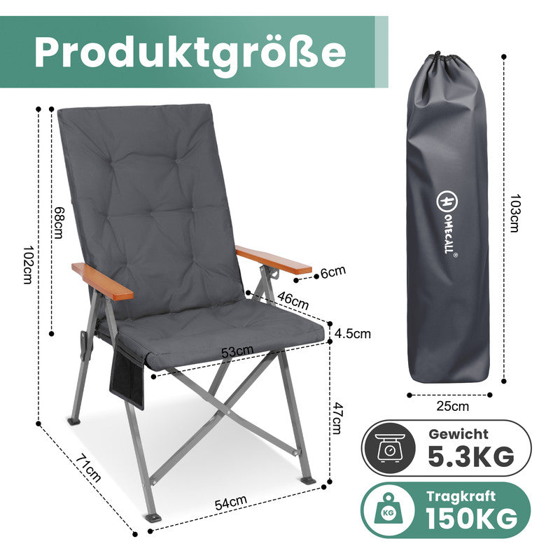 Campingstuhl faltbar Hochlehner – Gepolsterter Klappstuhl / Gartenstuhl mit Holzarmlehnen bis 150 kg belastbar grau