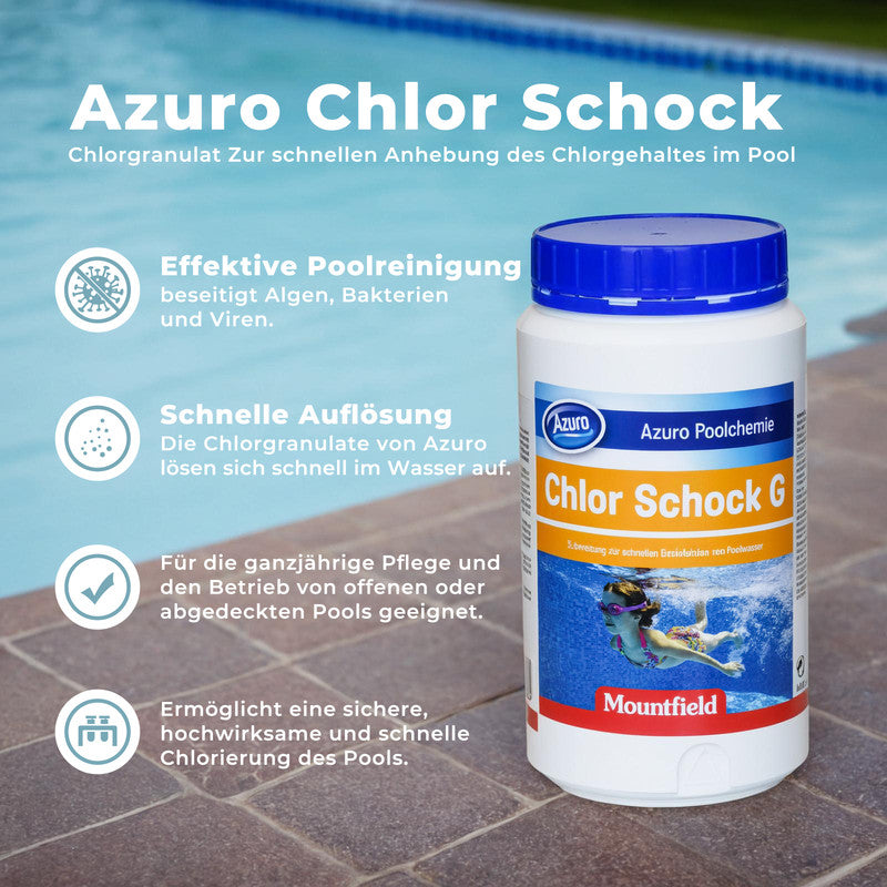 AZURO Chlor Schock Granulat 56 % – Schnelllösliches Pool Chlorgranulat zur Stoßchlorung 1 kg | Sonderposten
