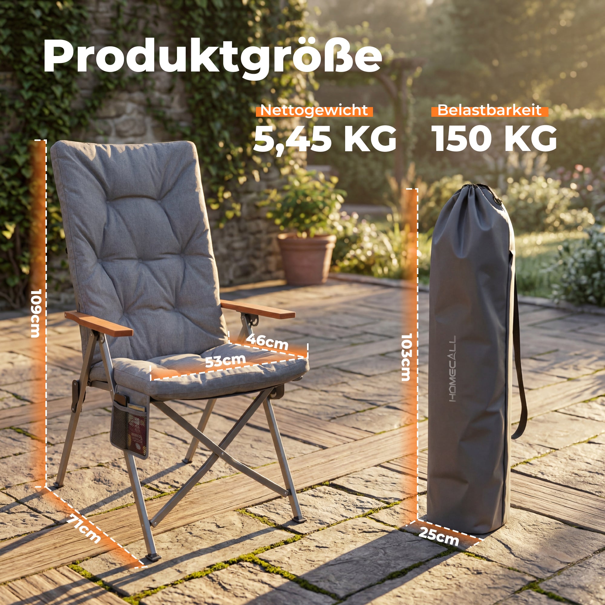 Campingstuhl klappbar mit Holzarmlehnen extra hoch – gepolsterter Outdoor-Klappstuhl, 4-fach verstellbar, bis 150 kg belastbar, Hellgrau