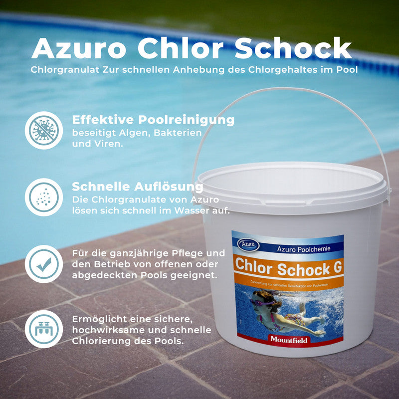 AZURO Chlor Schock Granulat 56 % – Schnelllösliches Pool Chlorgranulat zur Stoßchlorung 3 kg | Sonderposten