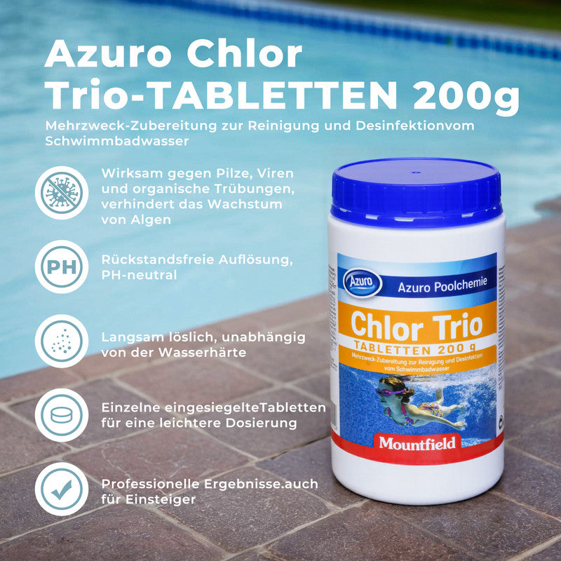 AZURO Chlor Trio 1 kg Chlortabletten – Pool & Whirlpool Langzeit Chlor Tabs, Desinfektion & Algenstopp | Sonderposten B-Ware