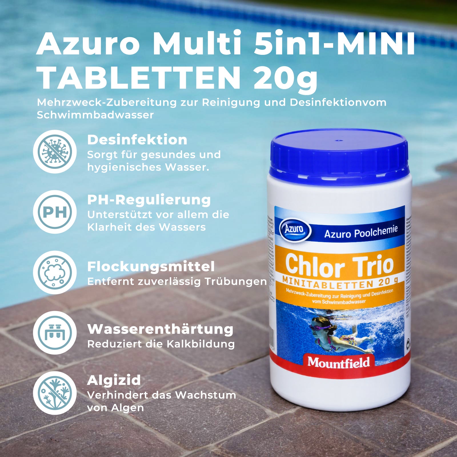 AZURO Chlor Trio Minitabletten 1 kg – Pool & Whirlpool Chlortabletten für kleine Pools, Desinfektion & Algenstopp | Sonderposten B-Ware