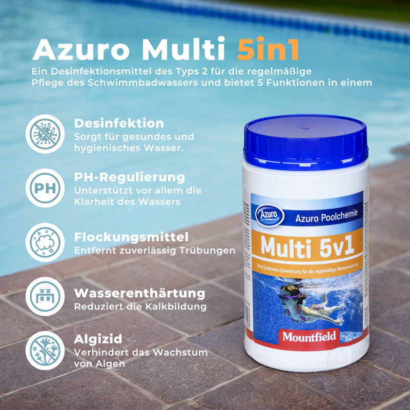 Azuro Multi 5v1 Chlor Multitabs 3 kg – 200 g Pool Chlortabletten zur Dauerdesinfektion, Algenverhütung & Wasserklärung