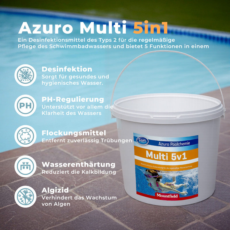AZURO Chlortabletten 5-in-1 Multitabs – Langzeit Chlor Tabletten für Pool & Whirlpool, Desinfektion, Algenstopp & Klarwasser 3 kg - SONDERPOSTEN