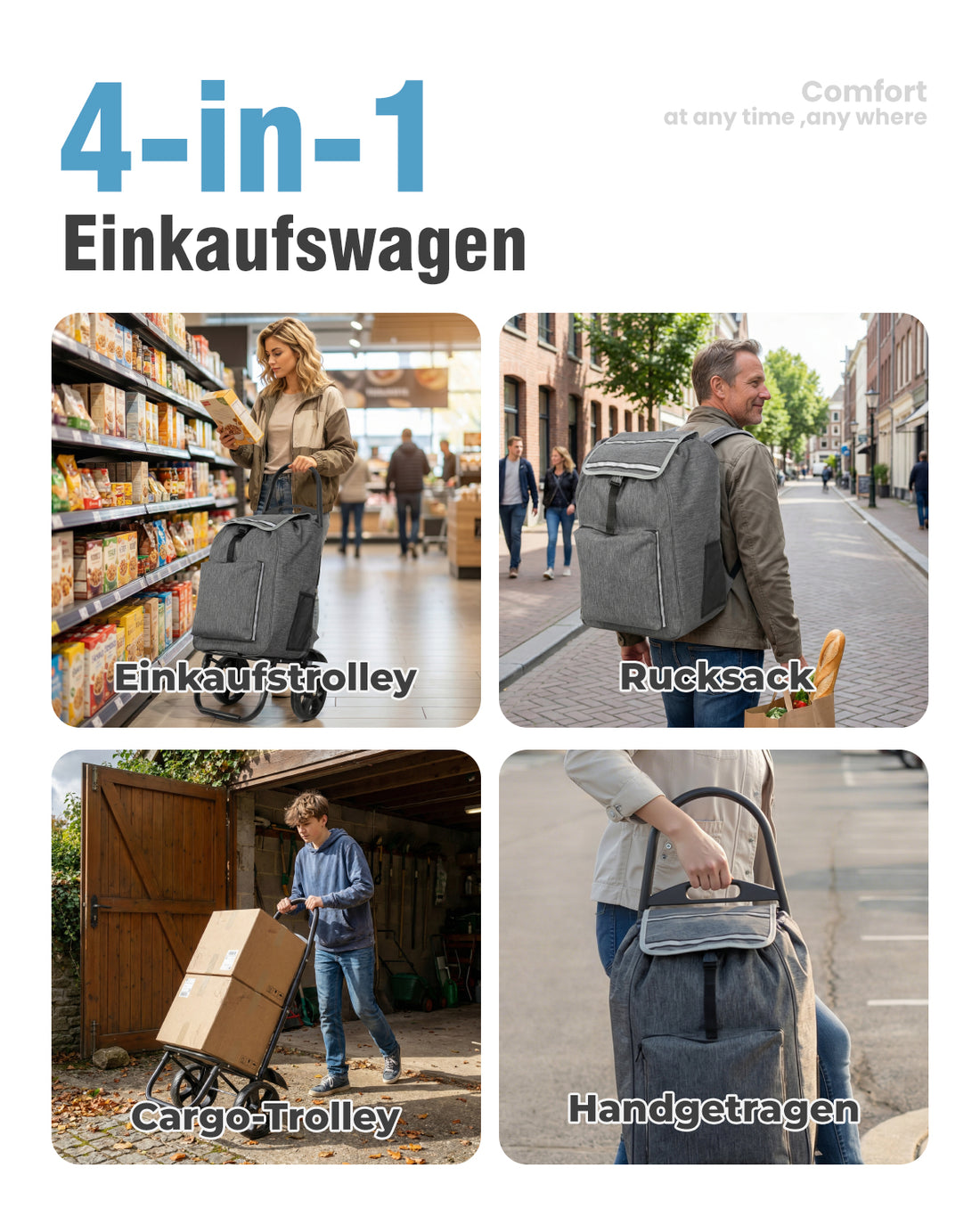 4-in-1 Einkaufswagen klappbar – Trolley, Rucksack und Transportwagen mit Kühlfach, faltbar bis 50 kg, Grau