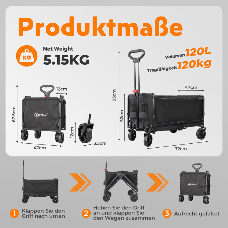 Bollerwagen klappbar 120L – Faltbarer Transportwagen bis 120 kg, Gartenwagen mit Regenabdeckung, schwarz