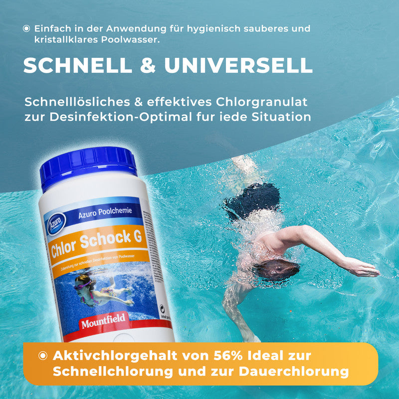 AZURO Chlor Schock Granulat 56 % – Schnelllösliches Pool Chlorgranulat zur Stoßchlorung 1 kg | Sonderposten