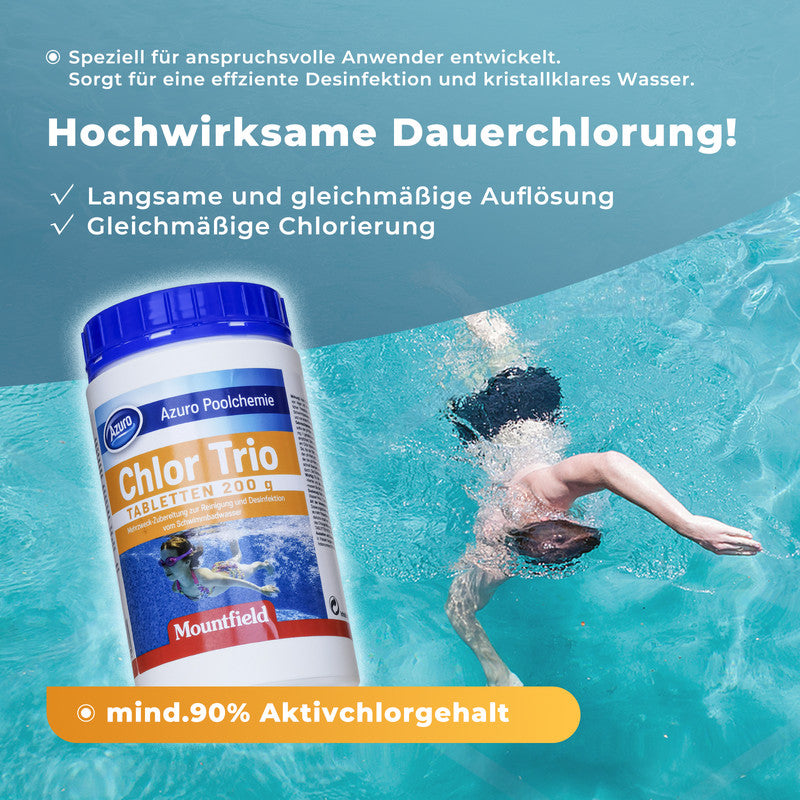 Azuro Chlor Trio Chlortabletten 1 kg – 200 g Langzeit Poolchlor zur Desinfektion, Algenverhütung & Wasserklärung