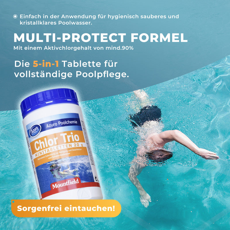 AZURO Chlor Trio Minitabletten 1 kg – Pool & Whirlpool Chlortabletten für kleine Pools, Desinfektion & Algenstopp | Sonderposten B-Ware