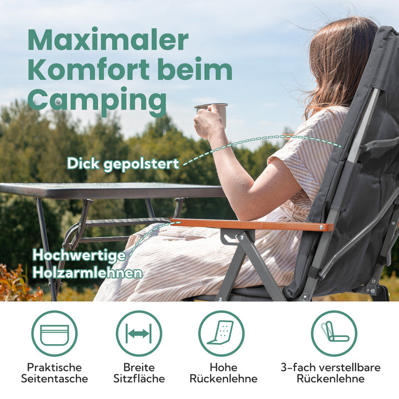 Campingstuhl faltbar Hochlehner – Gepolsterter Klappstuhl / Gartenstuhl mit Holzarmlehnen bis 150 kg belastbar grau