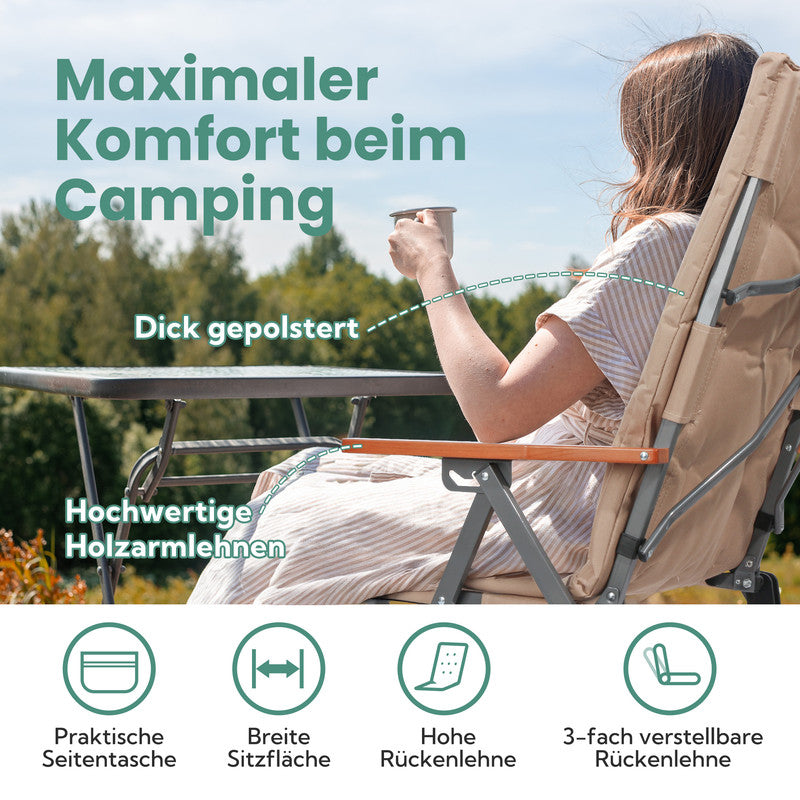 Campingstuhl faltbar Hochlehner – Gepolsterter Klappstuhl / Gartentuhl mit Holzarmlehnen bis 150 kg belastbar, beige