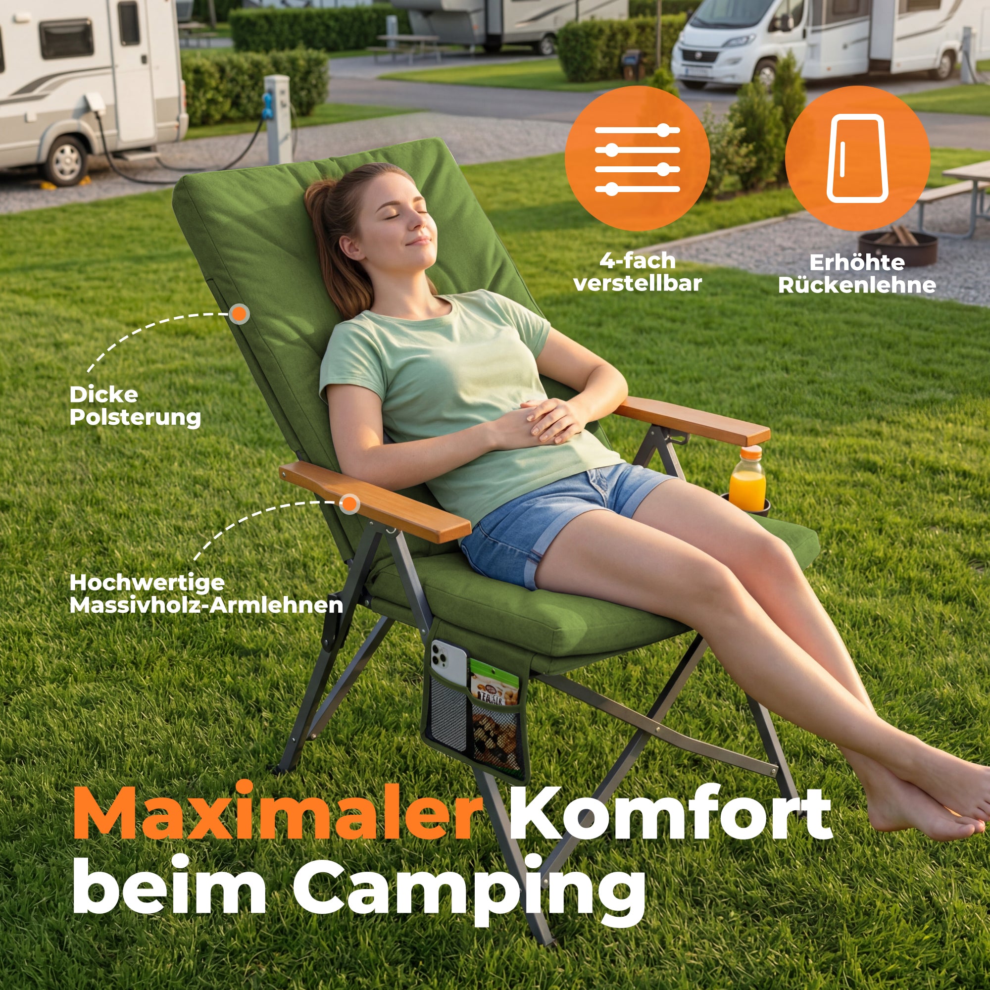 Campingstuhl klappbar mit Holzarmlehnen Extra hoch – gepolsterter Outdoor-Klappstuhl, 4-fach verstellbar, bis 150 kg belastbar, Grün