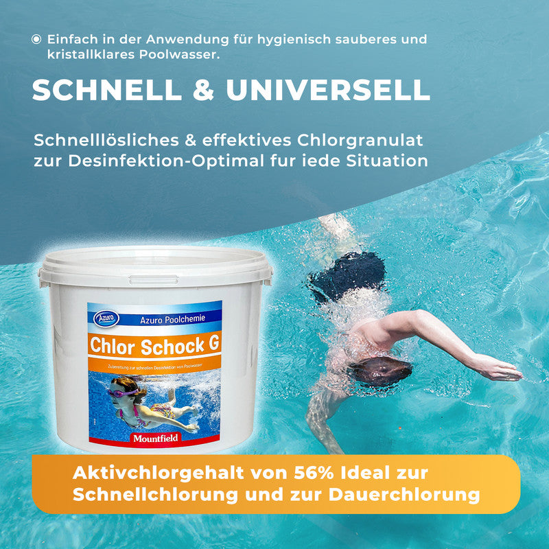 Azuro Chlor Schock G Chlorgranulat 3 kg – Schnelllösliches Pool Chlor zur Stoßchlorung gegen Algen, Bakterien & trübes Wasser