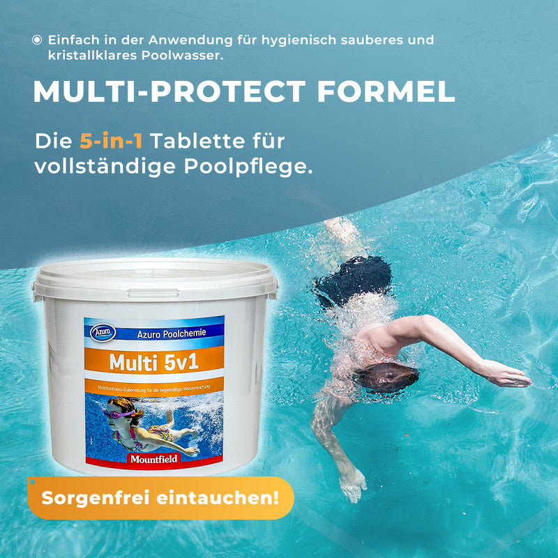 AZURO Chlortabletten 5-in-1 Multitabs – Langzeit Chlor Tabletten für Pool & Whirlpool, Desinfektion, Algenstopp & Klarwasser 3 kg - SONDERPOSTEN