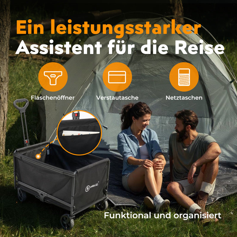 Bollerwagen klappbar 120L – Faltbarer Transportwagen bis 120 kg, Gartenwagen mit Regenabdeckung, schwarz