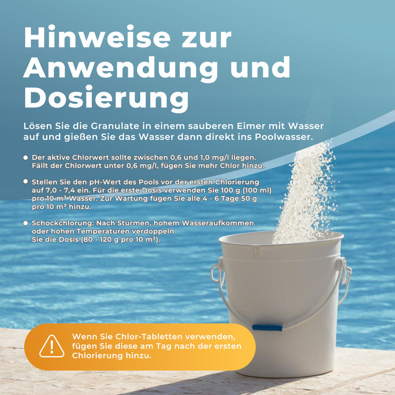 Azuro Chlor Schock G Chlorgranulat 1 kg – Schnelllösliches Poolchlor zur Stoßchlorung gegen Algen, Bakterien & trübes Wasser