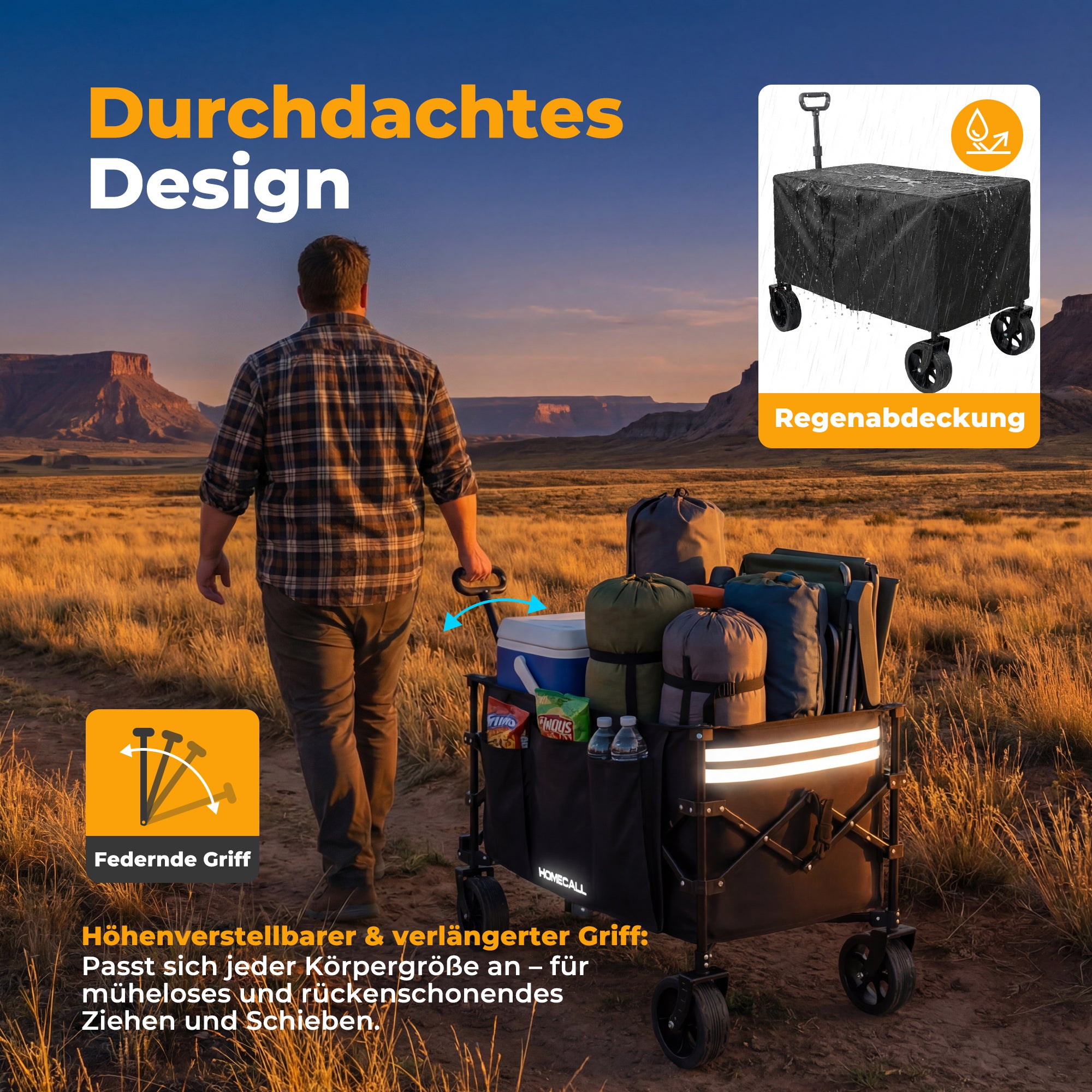Faltbarer Bollerwagen Handwagen Strandwagen 200L XXL-Volumen mit praktischer Kühltasche, Schwarz
