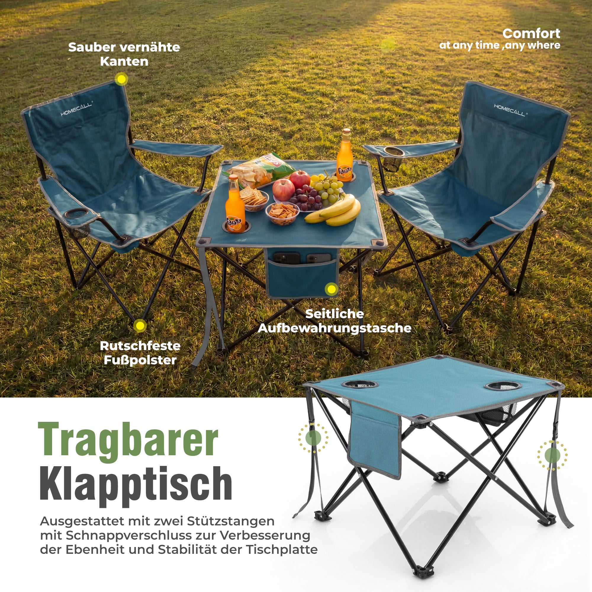 Campingmöbel-Set faltbar – 2 Campingstühle und 1 Campingtisch, leicht und kompakt, mit Getränkehaltern und Seitentaschen, bis 120 kg belastbar, blau