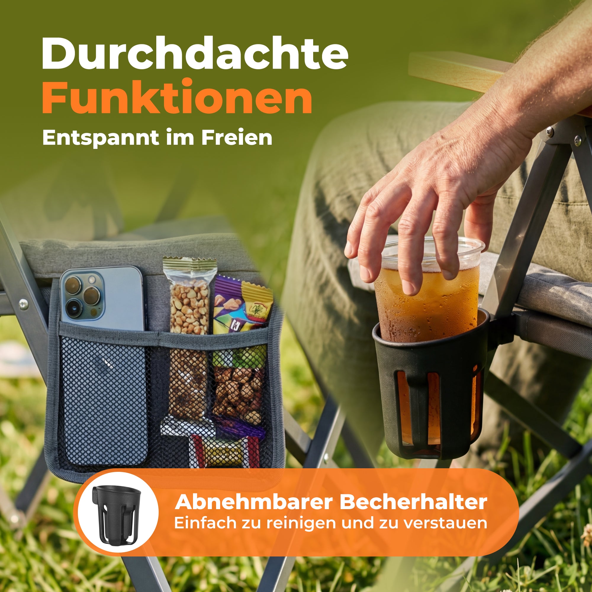 Campingstuhl klappbar mit Holzarmlehnen extra hoch – gepolsterter Outdoor-Klappstuhl, 4-fach verstellbar, bis 150 kg belastbar, Hellgrau
