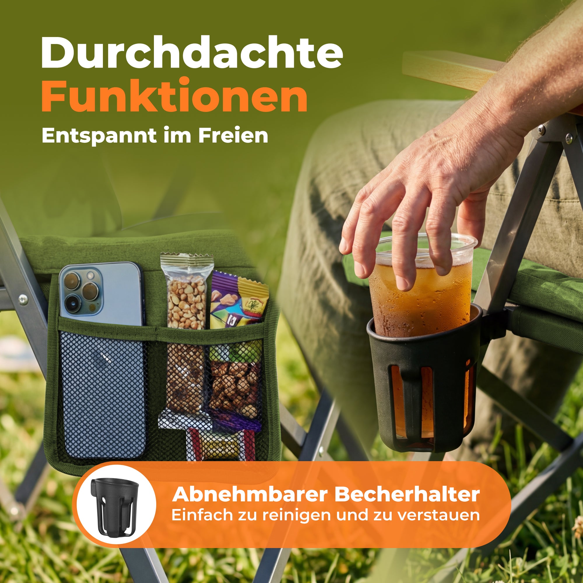 Campingstuhl klappbar mit Holzarmlehnen Extra hoch – gepolsterter Outdoor-Klappstuhl, 4-fach verstellbar, bis 150 kg belastbar, Grün