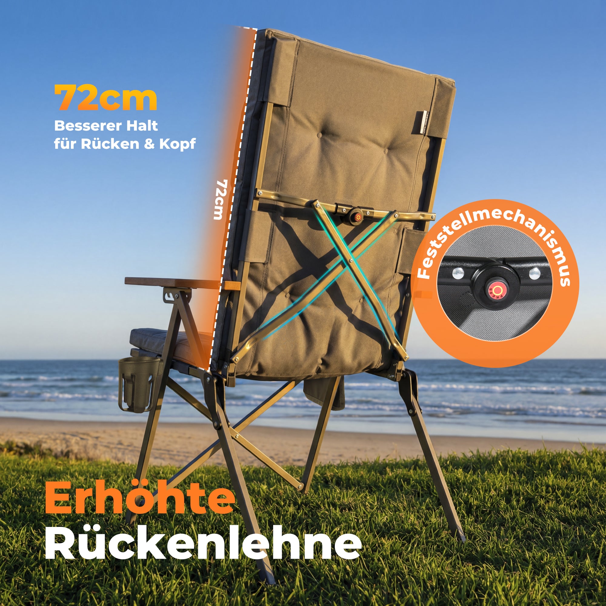 Campingstuhl klappbar mit Holzarmlehnen extra hoch – gepolsterter Outdoor-Klappstuhl, 4-fach verstellbar, bis 150 kg belastbar, Hellgrau