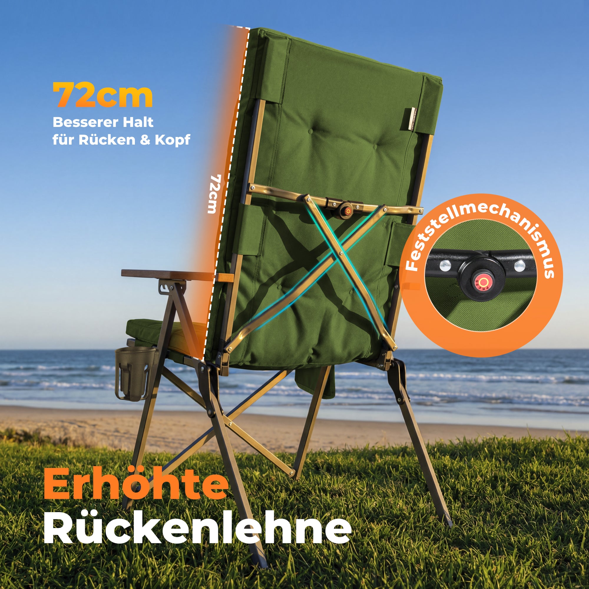 Campingstuhl klappbar mit Holzarmlehnen Extra hoch – gepolsterter Outdoor-Klappstuhl, 4-fach verstellbar, bis 150 kg belastbar, Grün