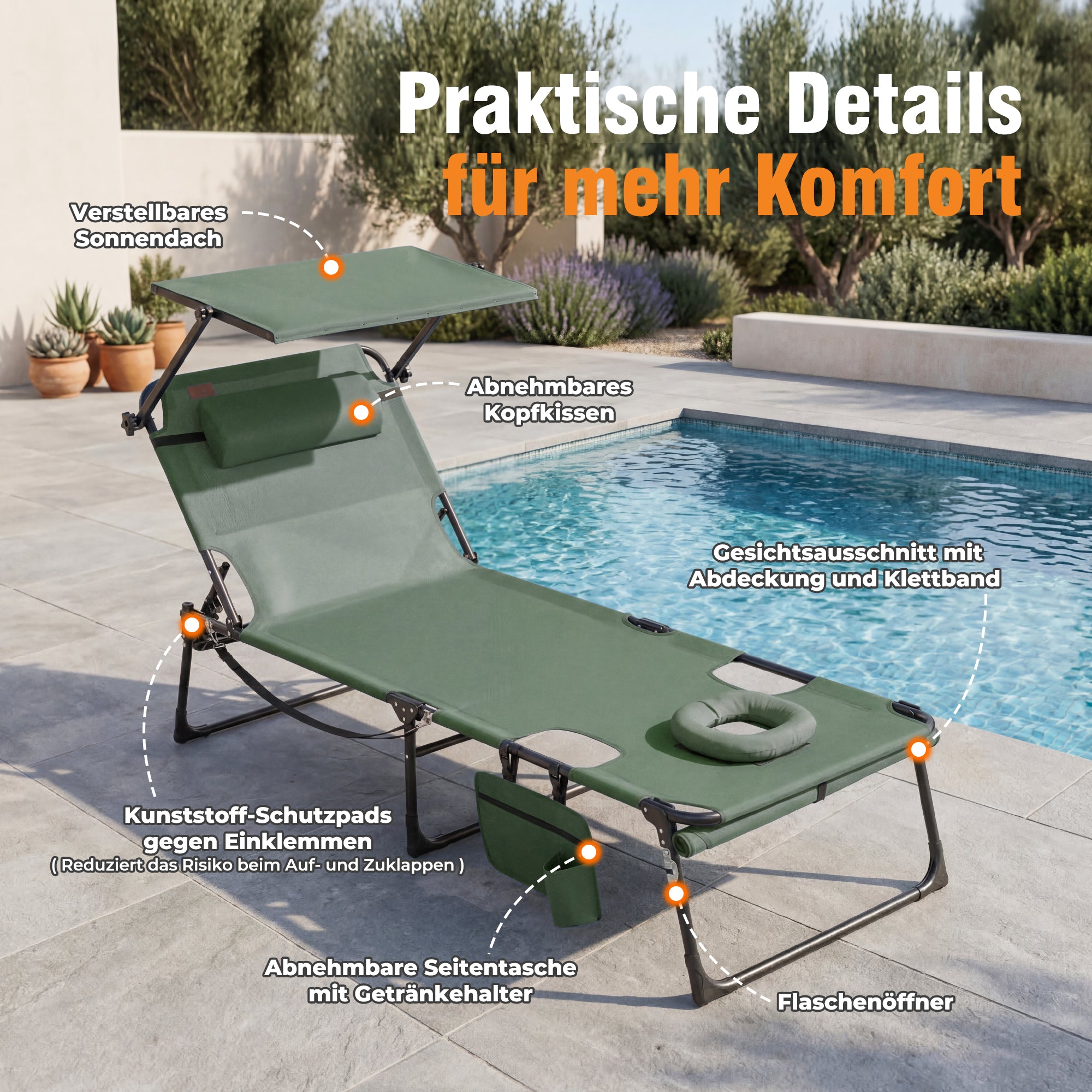 Sonnenliege klappbar mit Gesichtsaussparung – verstellbare Garten- und Campingliege bis 180 kg belastbar, grün
