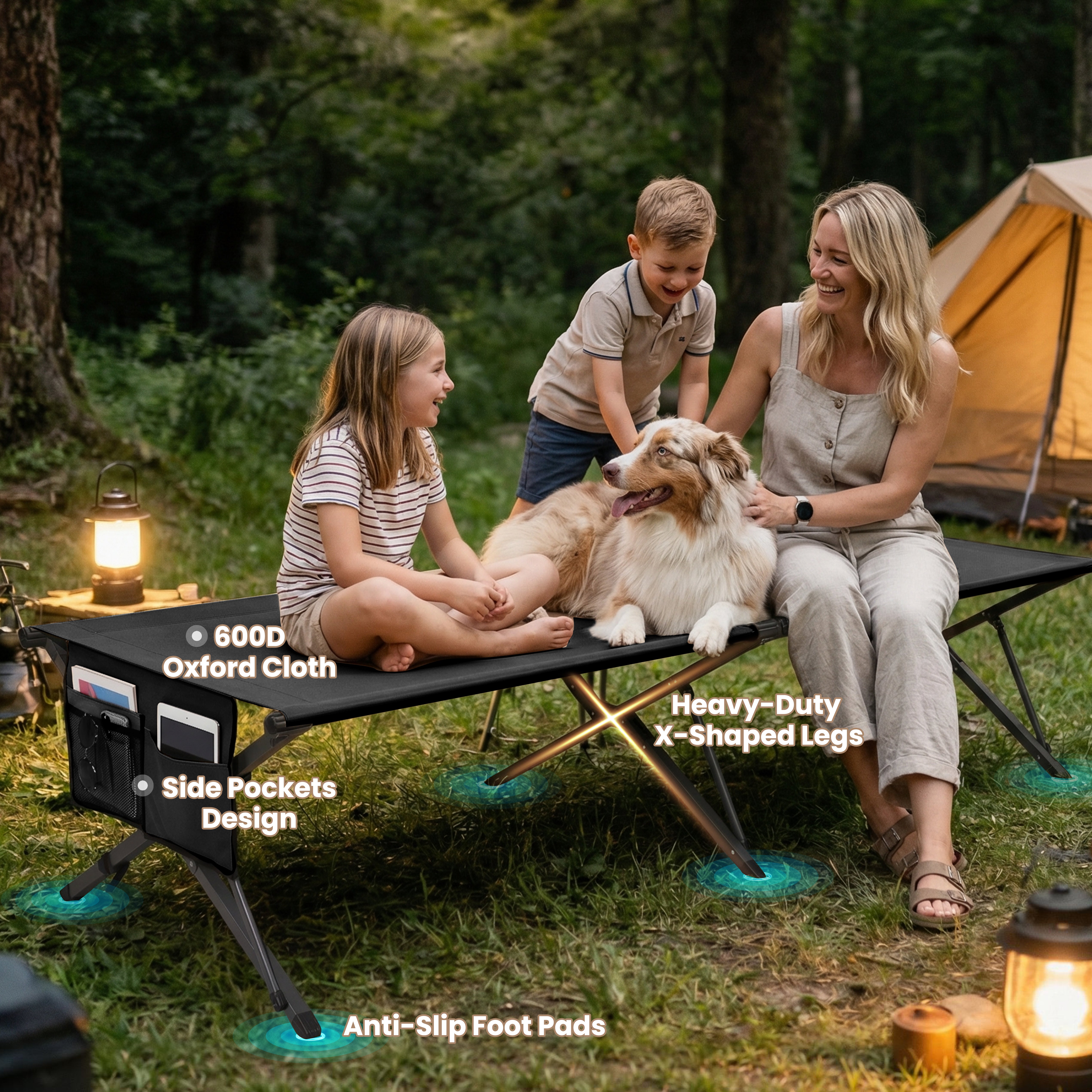 HOMECALL XXL Campingbett klappbar – stabiles Feldbett bis 200 kg, faltbares Outdoor- und Gästebett mit Tragetasche, schwarz