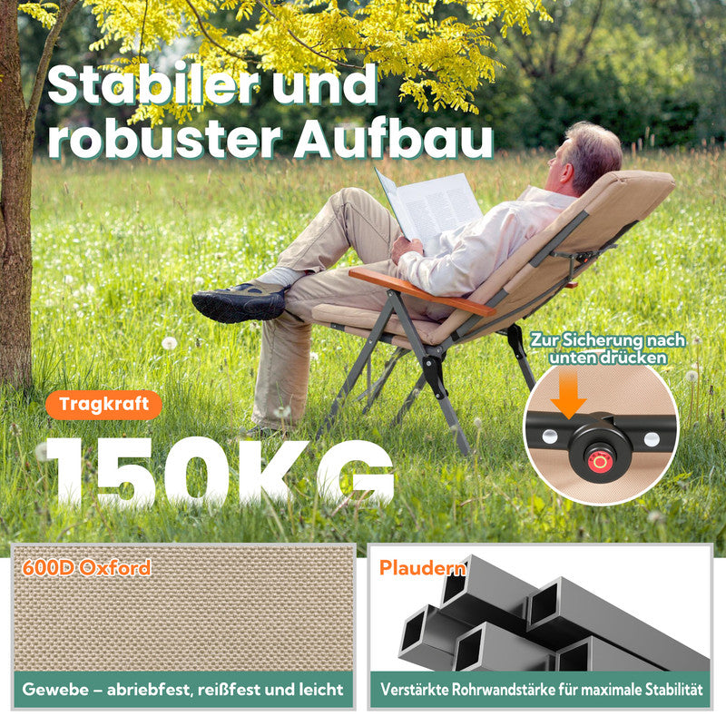 Campingstuhl faltbar Hochlehner – Gepolsterter Klappstuhl / Gartentuhl mit Holzarmlehnen bis 150 kg belastbar, beige