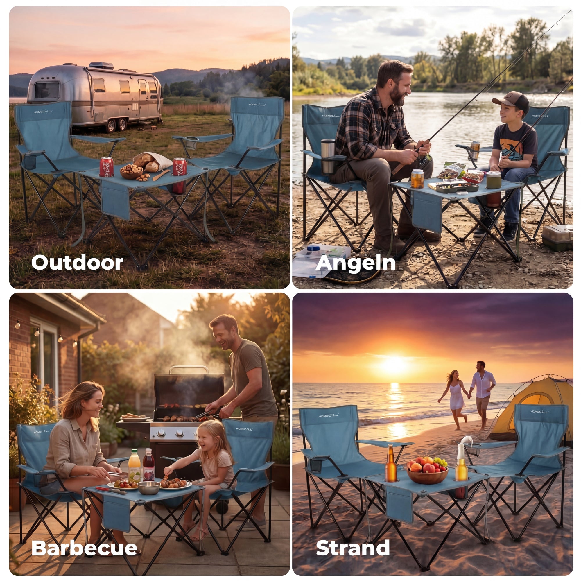 Campingmöbel-Set faltbar – 2 Campingstühle und 1 Campingtisch, leicht und kompakt, mit Getränkehaltern und Seitentaschen, bis 120 kg belastbar, blau