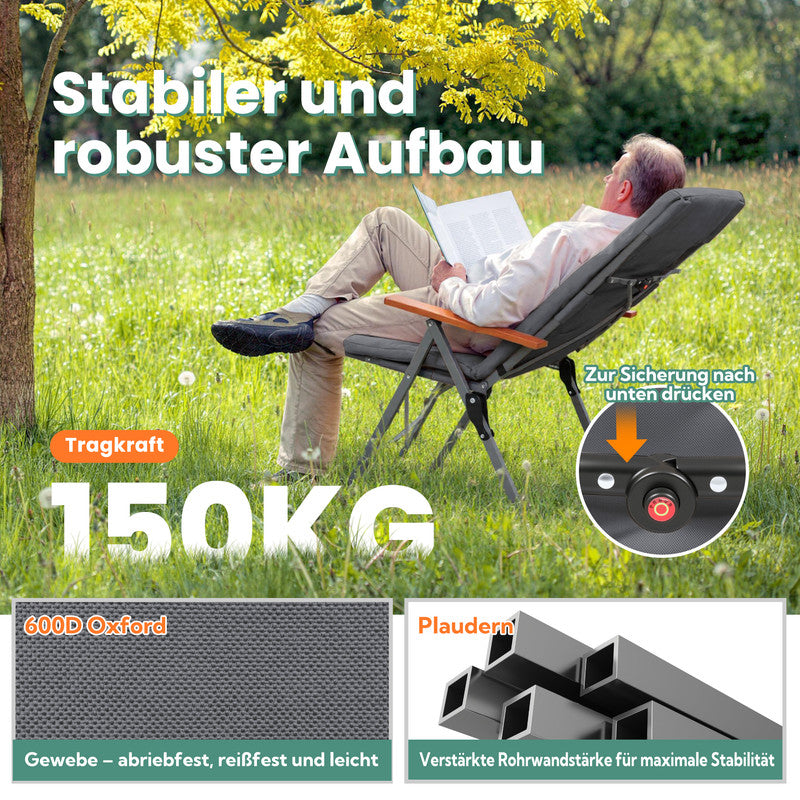 Campingstuhl faltbar Hochlehner – Gepolsterter Klappstuhl / Gartenstuhl mit Holzarmlehnen bis 150 kg belastbar grau