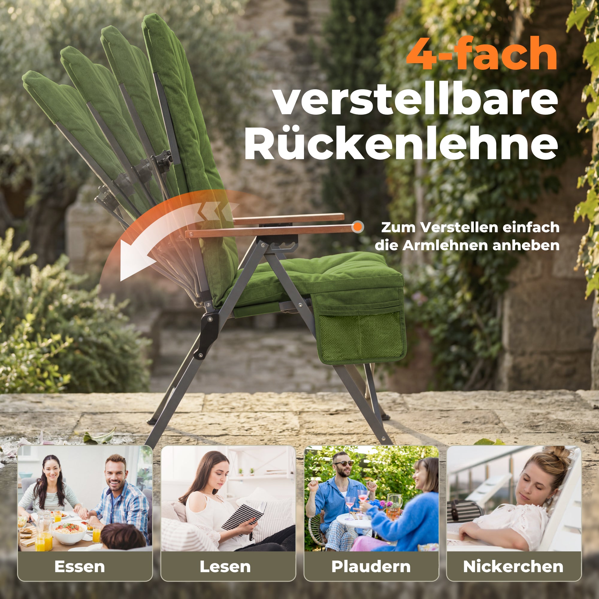 Campingstuhl klappbar mit Holzarmlehnen Extra hoch – gepolsterter Outdoor-Klappstuhl, 4-fach verstellbar, bis 150 kg belastbar, Grün