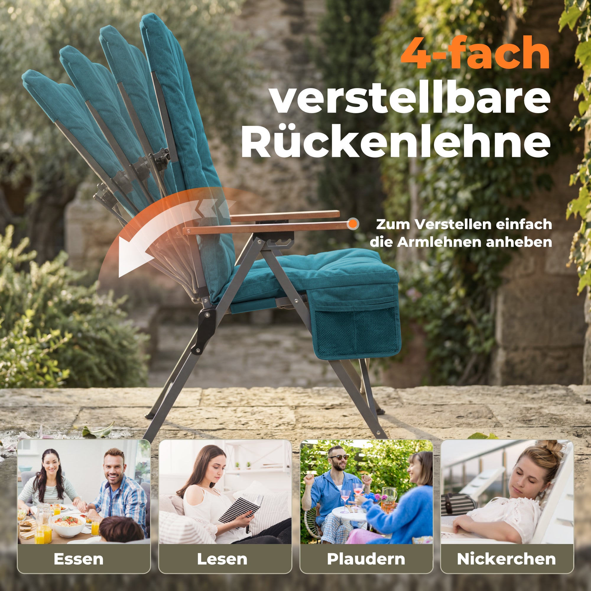 Campingstuhl klappbar mit Holzarmlehnen extra hoch – gepolsterter Outdoor-Klappstuhl, 4-fach verstellbar, bis 150 kg belastbar, Marineblau
