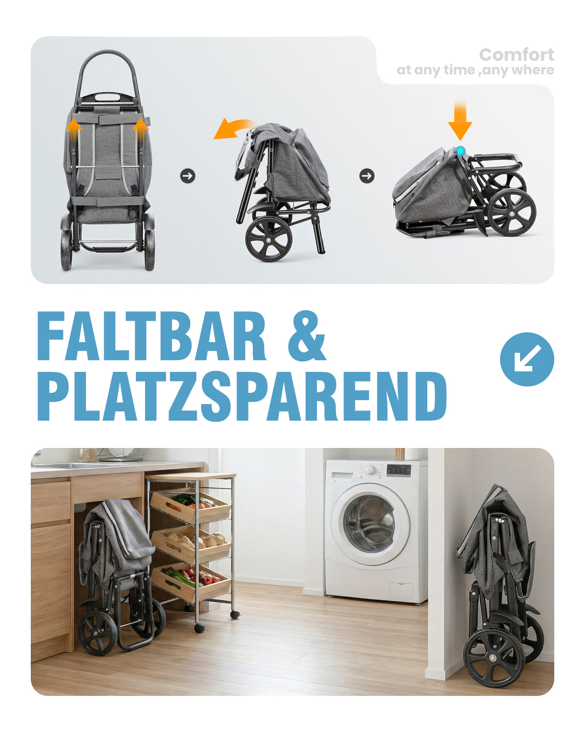 4-in-1 Einkaufswagen klappbar – Trolley, Rucksack und Transportwagen mit Kühlfach, faltbar bis 50 kg, Grau
