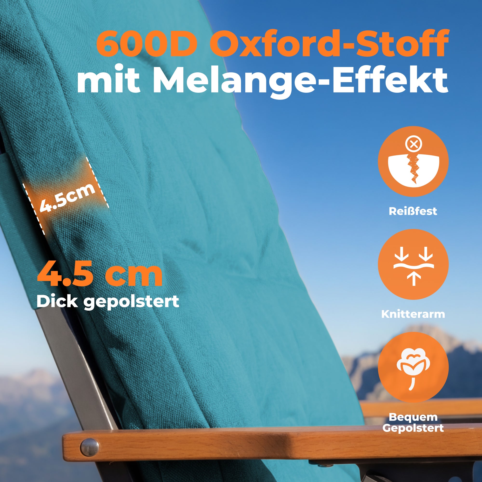 Campingstuhl klappbar mit Holzarmlehnen extra hoch – gepolsterter Outdoor-Klappstuhl, 4-fach verstellbar, bis 150 kg belastbar, Marineblau