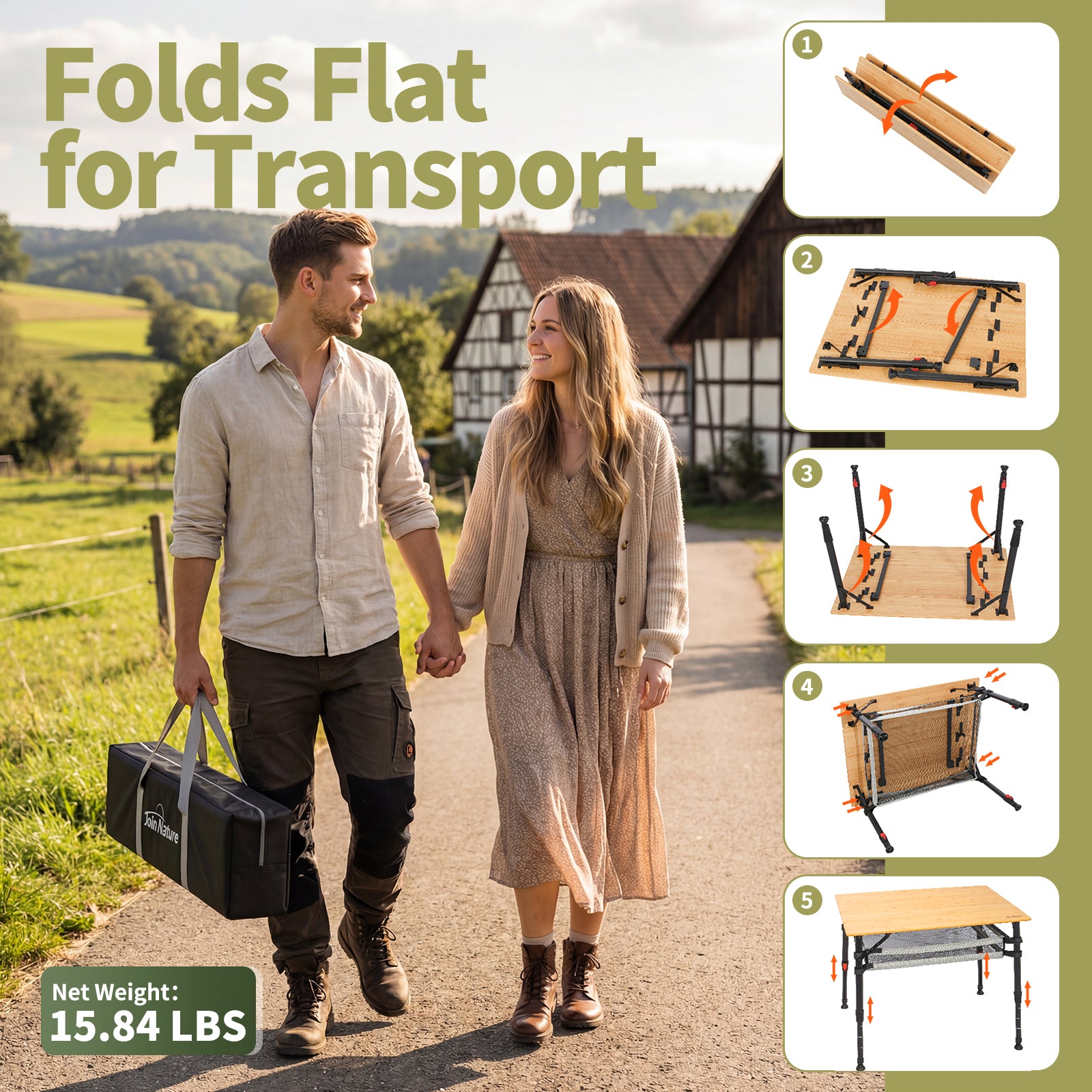 Campingtisch klappbar mit Bambus-Tischplatte – höhenverstellbarer Outdoor-Tisch mit verstellbaren Beinen und Aufbewahrungsnetz, 80 x 65 cm