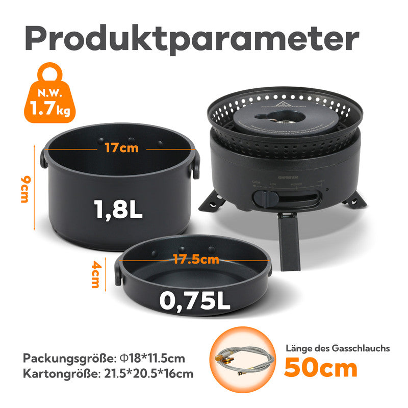 2-in-1 Campingkocher Gas & Elektro – Tragbarer Outdoor Kocher mit Topf & Pfanne, Antihaftbeschichtung, Camping Kochset