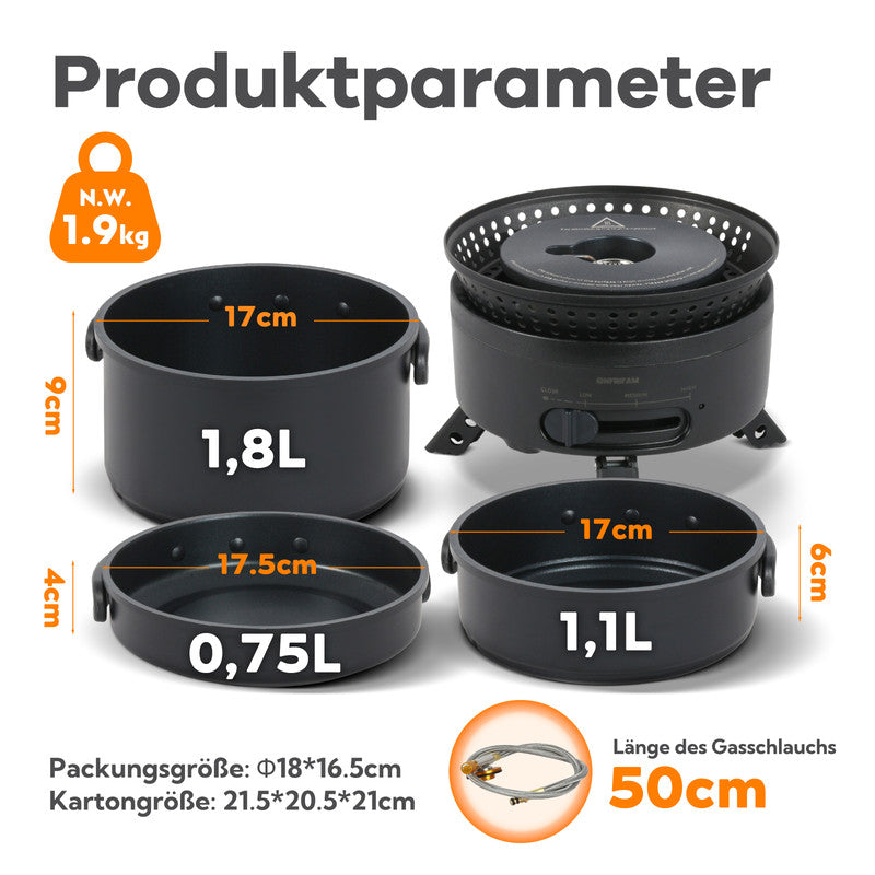 2-in-1 Campingkocher Gas & Elektro – Tragbarer Outdoor Kocher mit Topf & Pfanne, Antihaftbeschichtung