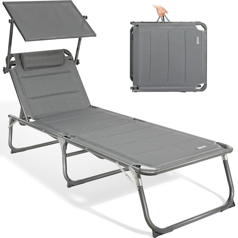 HOMECALL Sonnenliege XXL klappbar – 5-fach verstellbar mit Sonnenschutz grau, gepolstert bis 180 kg belastbar | B-Ware Sonderposten