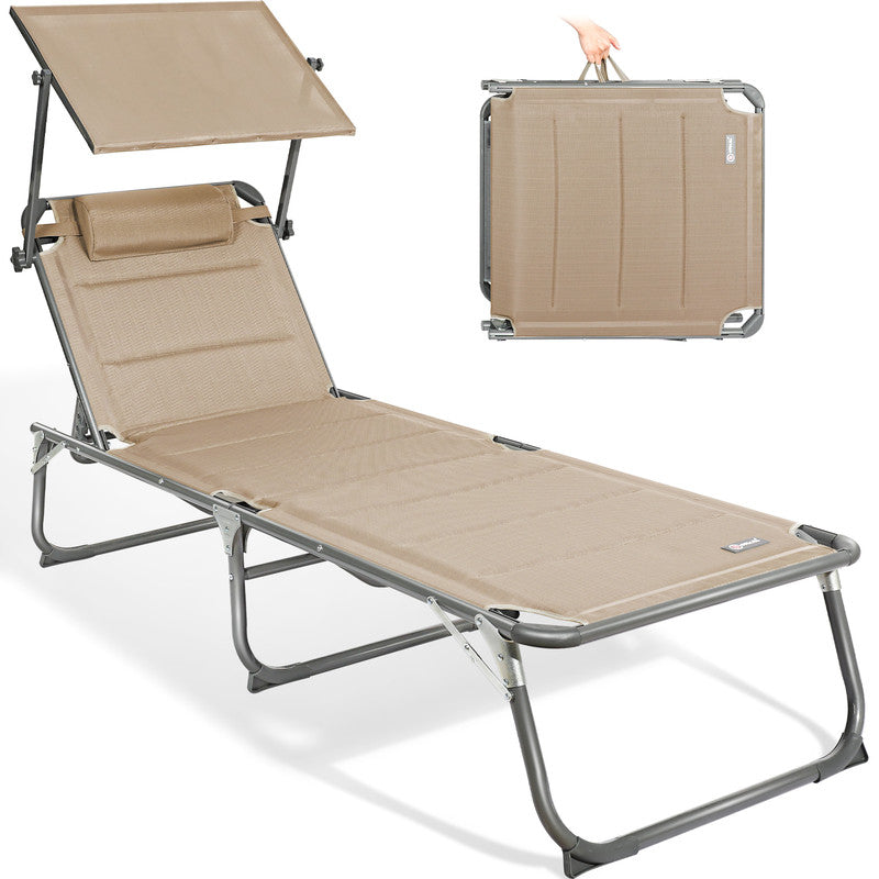 HOMECALL Sonnenliege XXL klappbar – 5-fach verstellbar mit Sonnenschutz beige, gepolstert bis 180 kg belastbar | B-Ware Sonderposten