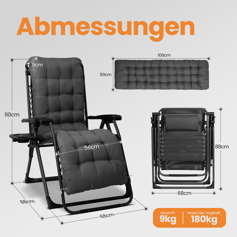Liegestuhl klappbar XXL bis 180 kg belastbar – Sonnenliege mit Kissen für Garten, Balkon, Terrasse & Camping, schwarz